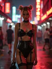 a detailed portrait of intelligent woman actress standing in street wearing black stockings garter straps suspenders black lingerie pvx latex lingerie black, in a cyberpunk bladerunner vaporwave city, (cyberpunk), city from year 2300, red lights neon, blonde double hair bun