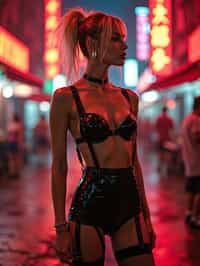 a detailed portrait of intelligent woman actress standing in street wearing black stockings garter straps suspenders black lingerie pvx latex lingerie black, in a cyberpunk bladerunner vaporwave city, (cyberpunk), city from year 2300, red lights neon, blonde double hair bun