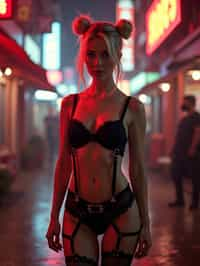 a detailed portrait of intelligent woman actress standing in street wearing black stockings garter straps suspenders black lingerie silk lingerie black, in a cyberpunk bladerunner vaporwave city, (cyberpunk), city from year 2300, red lights neon, blonde double hair bun