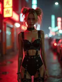 a detailed portrait of intelligent woman actress standing in street wearing black stockings garter straps suspenders black lingerie silk lingerie black, in a cyberpunk bladerunner vaporwave city, (cyberpunk), city from year 2300, red lights neon, blonde double hair bun