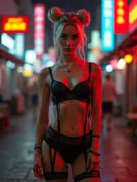 a detailed portrait of intelligent woman actress standing in street wearing black stockings garter straps suspenders black lingerie silk lingerie black, in a cyberpunk bladerunner vaporwave city, (cyberpunk), city from year 2300, red lights neon, blonde double hair bun