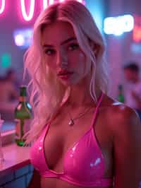 woman with platinum blonde hair, in neon bar, cyberpunk, pink latex bikini or bathing suit, professional award winning photography, beautiful detailed eyes, highly detailed glossy eyes, high detailed skin, skin pores