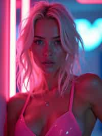 woman with platinum blonde hair, in neon bar, cyberpunk, pink latex bikini or bathing suit, professional award winning photography, beautiful detailed eyes, highly detailed glossy eyes, high detailed skin, skin pores