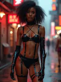 a detailed portrait of intelligent woman actress standing in street wearing stockings garter straps suspenders lingerie pvc latex lingerie, in a cyberpunk bladerunner vaporwave city, (cyberpunk), city from year 2300, red lights neon with prosthetic robot arm cybernetic