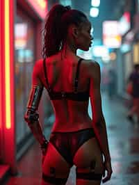 a detailed portrait of intelligent woman actress standing in street wearing stockings garter straps suspenders lingerie pvc latex lingerie, in a cyberpunk bladerunner vaporwave city, (cyberpunk), city from year 2300, red lights neon with prosthetic robot arm cybernetic