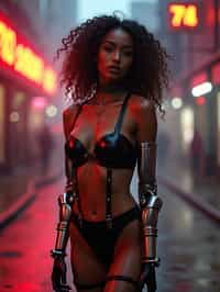 a detailed portrait of intelligent woman actress standing in street wearing stockings garter straps suspenders lingerie pvc latex lingerie, in a cyberpunk bladerunner vaporwave city, (cyberpunk), city from year 2300, red lights neon with prosthetic robot arm cybernetic