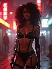 a detailed portrait of intelligent woman actress standing in street wearing stockings garter straps suspenders lingerie pvc latex lingerie, in a cyberpunk bladerunner vaporwave city, (cyberpunk), city from year 2300, red lights neon with prosthetic robot arm cybernetic