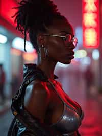 a detailed portrait of intelligent woman actress with thin frame hipster glasses wearing silver bikini and jacket, in a cyberpunk bladerunner vaporwave city, (cyberpunk), city from year 2300, red lights neon, 90s hair bun style, 