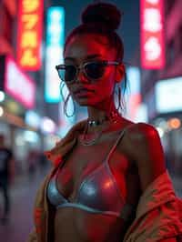 a detailed portrait of intelligent woman actress with thin frame hipster glasses wearing silver bikini and jacket, in a cyberpunk bladerunner vaporwave city, (cyberpunk), city from year 2300, red lights neon, 90s hair bun style, 