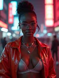 a detailed portrait of intelligent woman actress with thin frame hipster glasses wearing silver bikini and jacket, in a cyberpunk bladerunner vaporwave city, (cyberpunk), city from year 2300, red lights neon, 90s hair bun style, 