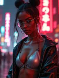 a detailed portrait of intelligent woman actress with thin frame hipster glasses wearing silver bikini and jacket, in a cyberpunk bladerunner vaporwave city, (cyberpunk), city from year 2300, red lights neon, 90s hair bun style, 