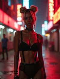 a detailed portrait of intelligent woman actress standing in street wearing fishnet stockings garter straps suspenders black lingerie silk lingerie black, in a cyberpunk bladerunner vaporwave city, (cyberpunk), city from year 2300, red lights neon, blonde double hair bun