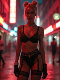 a detailed portrait of intelligent woman actress standing in street wearing fishnet stockings garter straps suspenders black lingerie silk lingerie black, in a cyberpunk bladerunner vaporwave city, (cyberpunk), city from year 2300, red lights neon, blonde double hair bun