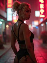 a detailed portrait of intelligent woman actress standing in street wearing fishnet stockings garter straps suspenders black lingerie silk lingerie black, in a cyberpunk bladerunner vaporwave city, (cyberpunk), city from year 2300, red lights neon, blonde double hair bun