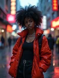 a detailed portrait of hot sexy woman actress wearing jacket, standing in street pose for photo, confident, in a cyberpunk bladerunner vaporwave city, (cyberpunk), city from year 2300