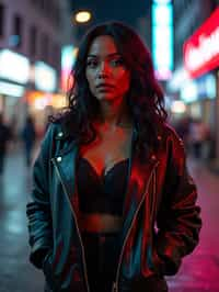 a detailed portrait of hot sexy woman actress wearing jacket, standing in street pose for photo, confident, in a cyberpunk bladerunner vaporwave city, (cyberpunk), city from year 2300