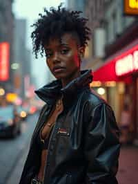 a detailed portrait of hot sexy woman actress wearing jacket, standing in street pose for photo, confident, in a cyberpunk bladerunner vaporwave city, (cyberpunk), city from year 2300