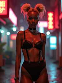 a detailed portrait of intelligent woman actress standing in street wearing black stockings garter straps suspenders black lingerie pvx latex lingerie black, in a cyberpunk bladerunner vaporwave city, (cyberpunk), city from year 2300, red lights neon, blonde double hair bun