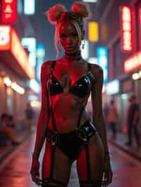 a detailed portrait of intelligent woman actress standing in street wearing black stockings garter straps suspenders black lingerie pvx latex lingerie black, in a cyberpunk bladerunner vaporwave city, (cyberpunk), city from year 2300, red lights neon, blonde double hair bun