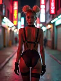 a detailed portrait of intelligent woman actress standing in street wearing black stockings garter straps suspenders black lingerie pvx latex lingerie black, in a cyberpunk bladerunner vaporwave city, (cyberpunk), city from year 2300, red lights neon, blonde double hair bun