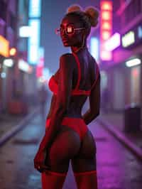 a detailed portrait of sexy intelligent hot glamour woman standing wide legged strike a pose in street wearing (red fishnet red pantyhose stockings) garter straps suspenders red lingerie harness red lingerie lingerie red, in a cyberpunk bladerunner vaporwave city, (cyberpunk), city from year 2300, purple blue lights neon, blonde double hair bun, hourglass figure