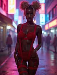 a detailed portrait of sexy intelligent hot glamour woman standing wide legged strike a pose in street wearing (red fishnet red pantyhose stockings) garter straps suspenders red lingerie harness red lingerie lingerie red, in a cyberpunk bladerunner vaporwave city, (cyberpunk), city from year 2300, purple blue lights neon, blonde double hair bun, hourglass figure