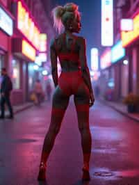 a detailed portrait of sexy intelligent hot glamour woman standing wide legged strike a pose in street wearing (red fishnet red pantyhose stockings) garter straps suspenders red lingerie harness red lingerie lingerie red, in a cyberpunk bladerunner vaporwave city, (cyberpunk), city from year 2300, purple blue lights neon, blonde double hair bun, hourglass figure