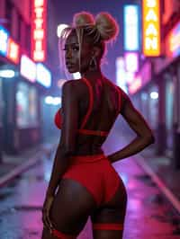 a detailed portrait of sexy intelligent hot glamour woman standing wide legged strike a pose in street wearing (red fishnet red pantyhose stockings) garter straps suspenders red lingerie harness red lingerie lingerie red, in a cyberpunk bladerunner vaporwave city, (cyberpunk), city from year 2300, purple blue lights neon, blonde double hair bun, hourglass figure