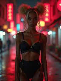 a detailed portrait of intelligent woman actress standing in street wearing black stockings garter straps suspenders black lingerie silk lingerie black, in a cyberpunk bladerunner vaporwave city, (cyberpunk), city from year 2300, red lights neon, blonde double hair bun