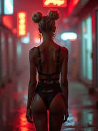 a detailed portrait of intelligent woman actress standing in street wearing black stockings garter straps suspenders black lingerie silk lingerie black, in a cyberpunk bladerunner vaporwave city, (cyberpunk), city from year 2300, red lights neon, blonde double hair bun