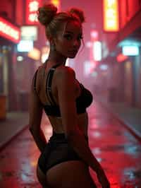 a detailed portrait of intelligent woman actress standing in street wearing black stockings garter straps suspenders black lingerie silk lingerie black, in a cyberpunk bladerunner vaporwave city, (cyberpunk), city from year 2300, red lights neon, blonde double hair bun