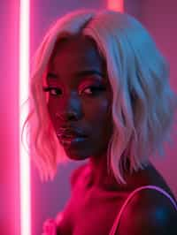 woman with platinum blonde hair, in neon bar, cyberpunk, pink latex bikini or bathing suit, professional award winning photography, beautiful detailed eyes, highly detailed glossy eyes, high detailed skin, skin pores