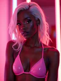 woman with platinum blonde hair, in neon bar, cyberpunk, pink latex bikini or bathing suit, professional award winning photography, beautiful detailed eyes, highly detailed glossy eyes, high detailed skin, skin pores