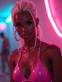 woman with platinum blonde hair, in neon bar, cyberpunk, pink latex bikini or bathing suit, professional award winning photography, beautiful detailed eyes, highly detailed glossy eyes, high detailed skin, skin pores