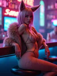 woman sitting on bar stool. she is wearing cosplay-themed, revealing outfits that include elements like fishnet stockings, fur, fox tails, and various accessories. the setting appears to be a futuristic or fantastical bar, with vibrant colors and neon lights in the background. she has beautiful hair colors and styles, and she is posed in a way that emphasizes their exaggerated, idealized body shapes, particularly focusing on her buttocks.