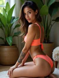 the image features a woman posing on her knees, looking over her shoulder at the camera with a subtle, contemplative expression. she wears a coral-colored bikini that contrasts with her tanned skin. the setting appears to be a cozy indoor space with lush green plants in the background, adding a vibrant, natural feel to the scene. her pose and the camera angle highlight her curves and the tattoo on her left arm, contributing to the overall sensual and relaxed vibe of the photograph. the photo emphasizes their exaggerated, idealized body shapes.