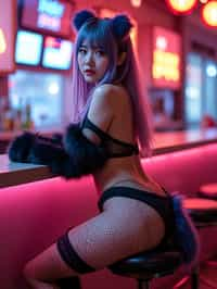 woman sitting on bar stool. she is wearing cosplay-themed, revealing outfits that include elements like fishnet stockings, fur, fox tails, and various accessories. the setting appears to be a futuristic or fantastical bar, with vibrant colors and neon lights in the background. she has beautiful hair colors and styles, and she is posed in a way that emphasizes their exaggerated, idealized body shapes, particularly focusing on her buttocks.