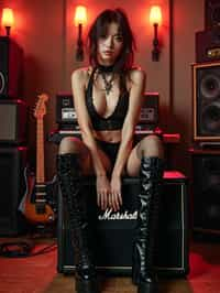 woman posing in a music studio surrounded by various speakers, a guitar, and a keyboard. She is sitting on a Marshall amplifier and is dressed in a revealing outfit consisting of fishnet attire and knee-high platform boots. Her look is complemented by her styled hair and a contemplative expression on her face. The lighting in the room highlights her and casts a glow that enhances the ambience of the studio setting. the photo emphasizes their exaggerated, idealized body shapes.