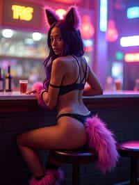 woman sitting on bar stool. she is wearing cosplay-themed, revealing outfits that include elements like fishnet stockings, fur, fox tails, and various accessories. the setting appears to be a futuristic or fantastical bar, with vibrant colors and neon lights in the background. she has beautiful hair colors and styles, and she is posed in a way that emphasizes their exaggerated, idealized body shapes, particularly focusing on her buttocks.