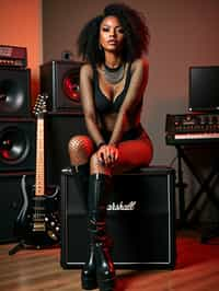 woman posing in a music studio surrounded by various speakers, a guitar, and a keyboard. She is sitting on a Marshall amplifier and is dressed in a revealing outfit consisting of fishnet attire and knee-high platform boots. Her look is complemented by her styled hair and a contemplative expression on her face. The lighting in the room highlights her and casts a glow that enhances the ambience of the studio setting. the photo emphasizes their exaggerated, idealized body shapes.