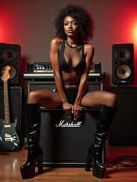 woman posing in a music studio surrounded by various speakers, a guitar, and a keyboard. She is sitting on a Marshall amplifier and is dressed in a revealing outfit consisting of fishnet attire and knee-high platform boots. Her look is complemented by her styled hair and a contemplative expression on her face. The lighting in the room highlights her and casts a glow that enhances the ambience of the studio setting. the photo emphasizes their exaggerated, idealized body shapes.