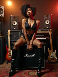 woman posing in a music studio surrounded by various speakers, a guitar, and a keyboard. She is sitting on a Marshall amplifier and is dressed in a revealing outfit consisting of fishnet attire and knee-high platform boots. Her look is complemented by her styled hair and a contemplative expression on her face. The lighting in the room highlights her and casts a glow that enhances the ambience of the studio setting. the photo emphasizes their exaggerated, idealized body shapes.