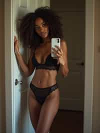 seductive woman wearing lingerie, doing mirror selfie, holding iPhone, full body, her reflection captured in a sultry pose. the photo emphasizes their exaggerated, idealized body shapes.