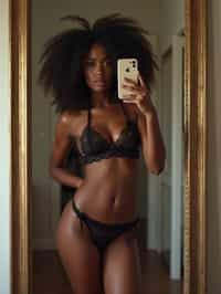 seductive woman wearing lingerie, doing mirror selfie, holding iPhone, full body, her reflection captured in a sultry pose. the photo emphasizes their exaggerated, idealized body shapes.