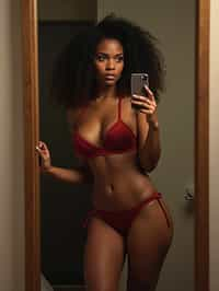 seductive woman wearing lingerie, doing mirror selfie, holding iPhone, full body, her reflection captured in a sultry pose. the photo emphasizes their exaggerated, idealized body shapes.