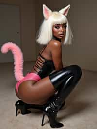 woman on her knees indoors with carpet as cosplay woman wearing platinum blonde cyberpunk wig, cat ears, pink buttocks fox tail, black thigh high pvc pu leather latex stockings, heels. the photo emphasizes their exaggerated, idealized body shapes.