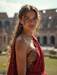 stunning and historical  woman in Rome wearing a traditional Roman stola/toga, Colosseum in the background