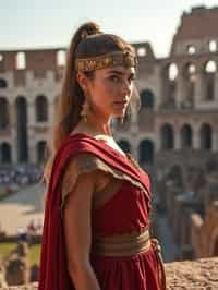 stunning and historical  woman in Rome wearing a traditional Roman stola/toga, Colosseum in the background