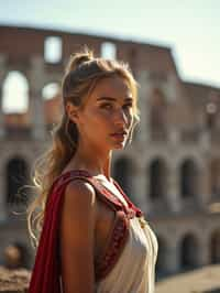 stunning and historical  woman in Rome wearing a traditional Roman stola/toga, Colosseum in the background