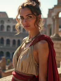 stunning and historical  woman in Rome wearing a traditional Roman stola/toga, Colosseum in the background